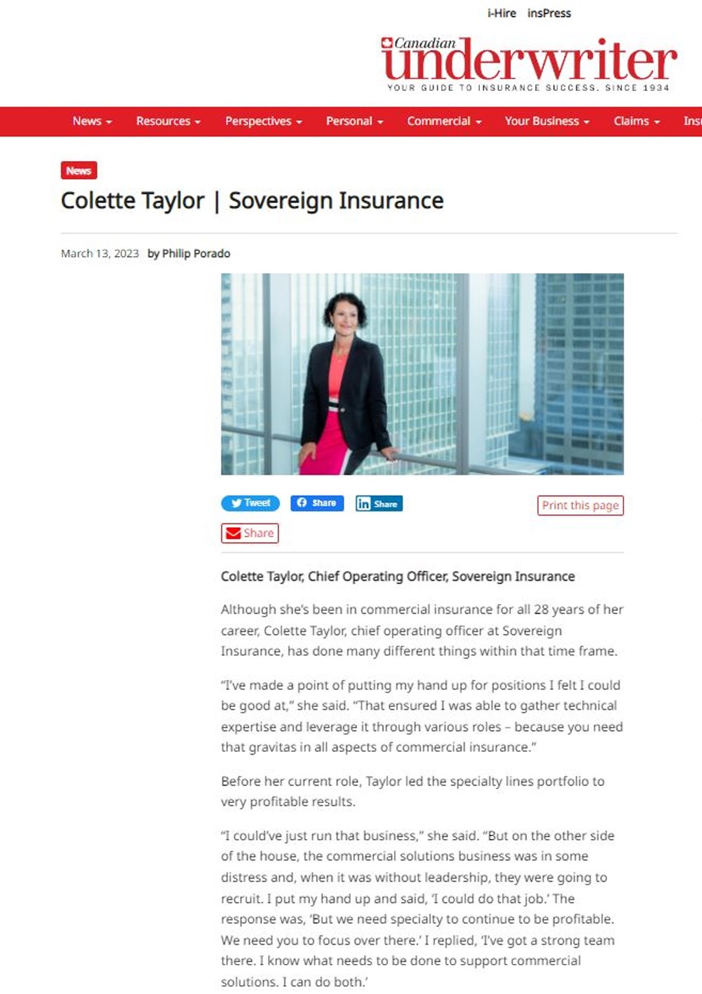 Capture d'écran d'un article du magazine Canadian Underwriter. On y voit une photo de Colette Taylor, une femme aux cheveux bouclés, vêtue d'une robe rose et d'une veste noire.